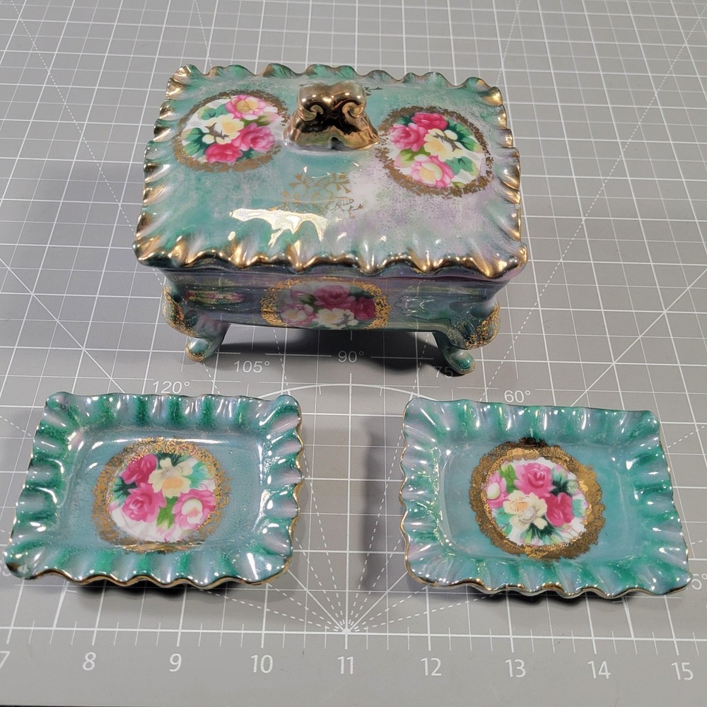 Vintage Kreiss Japan Green Floral Luster Porcelain Dresser Trinket Box 2 Trays